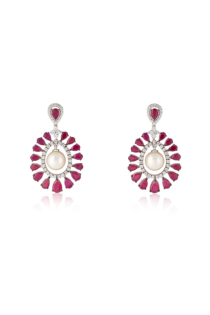 White Rhodium Finish Zircon & Ruby Dangler Earrings In Sterling Silver by Ananta Jewellery at Pernia's Pop Up Shop