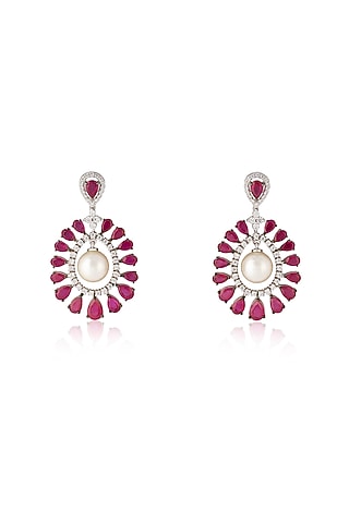White Rhodium Finish Zircon & Ruby Dangler Earrings In Sterling Silver by Ananta Jewellery