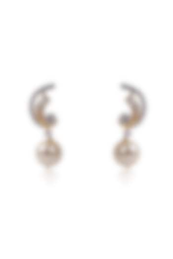 Two Tone Finish Zircon & Pearl Drop Half Moon Earrings In Sterling Silver by Ananta Jewellery at Pernia's Pop Up Shop