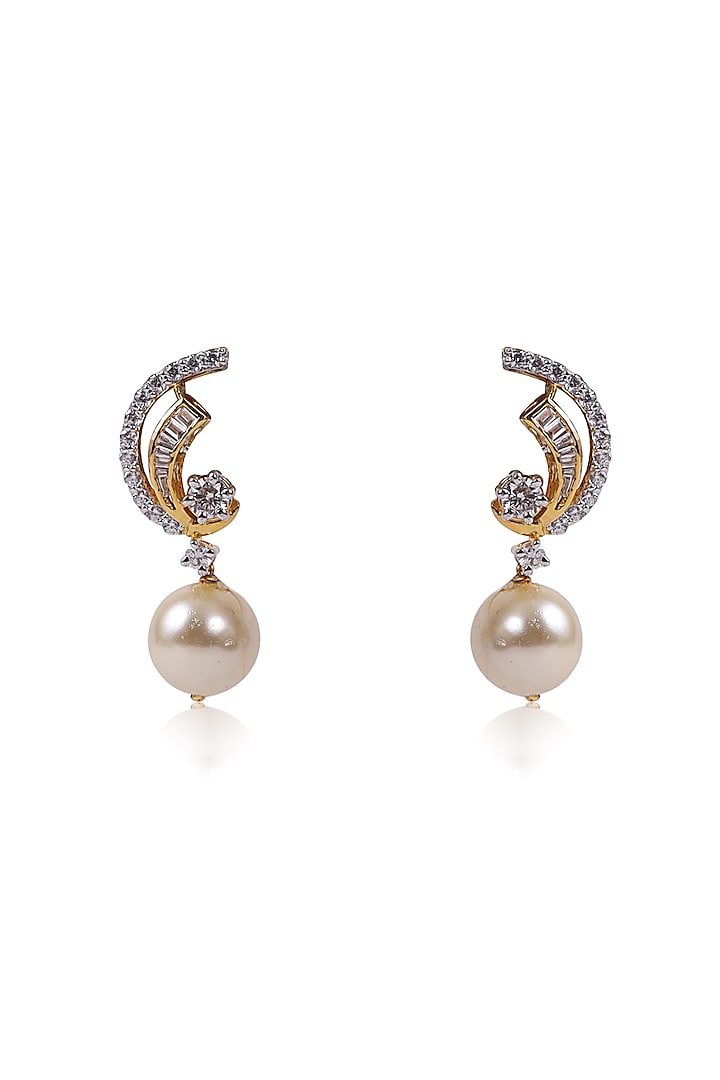 Two Tone Finish Zircon & Pearl Drop Half Moon Earrings In Sterling Silver by Ananta Jewellery at Pernia's Pop Up Shop