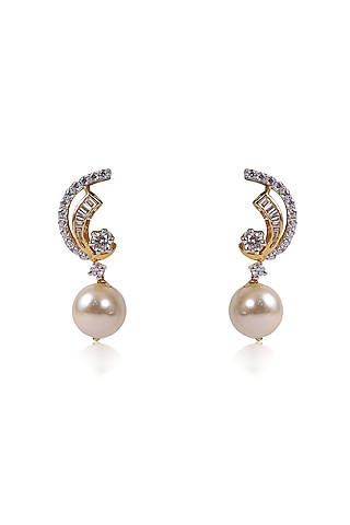 Two Tone Finish Zircon & Pearl Drop Half Moon Earrings In Sterling Silver by Ananta Jewellery