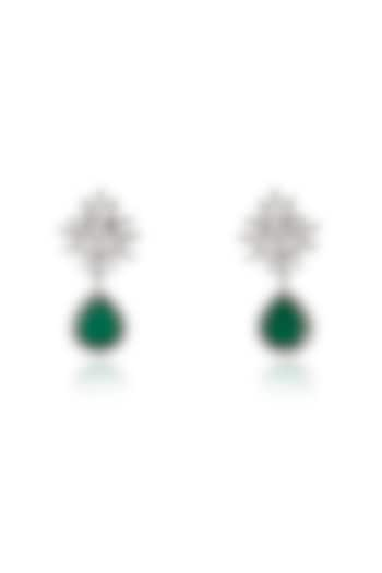 White Rhodium Finish Zircon & Emerald Dangler Earrings In Sterling Silver by Ananta Jewellery at Pernia's Pop Up Shop