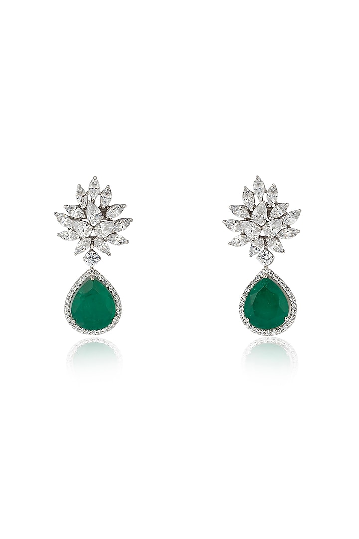 White Rhodium Finish Zircon & Emerald Dangler Earrings In Sterling Silver by Ananta Jewellery at Pernia's Pop Up Shop