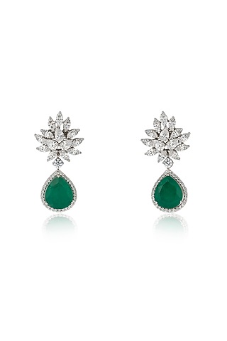 White Rhodium Finish Zircon & Emerald Dangler Earrings In Sterling Silver by Ananta Jewellery