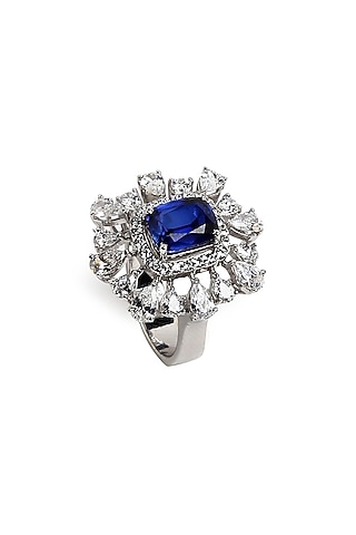 White Rhodium Finish Sapphire & Zircon Ring In Sterling Silver by Ananta Jewellery