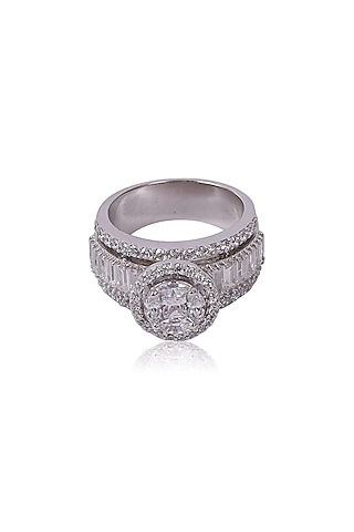 White Rhodium Finish Baguette Zircon Band Ring In Sterling Silver by Ananta Jewellery