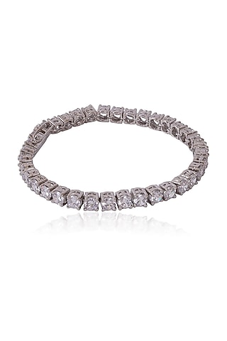 White Rhodium Finish Round Zircon Tennis Bracelet In Sterling Silver by Ananta Jewellery