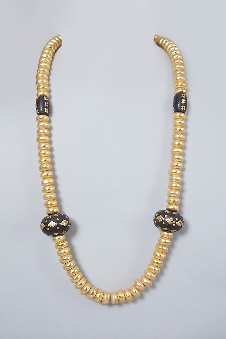 Gold Finish Wooden Beaded Long Necklace  by Ananta Jewellery