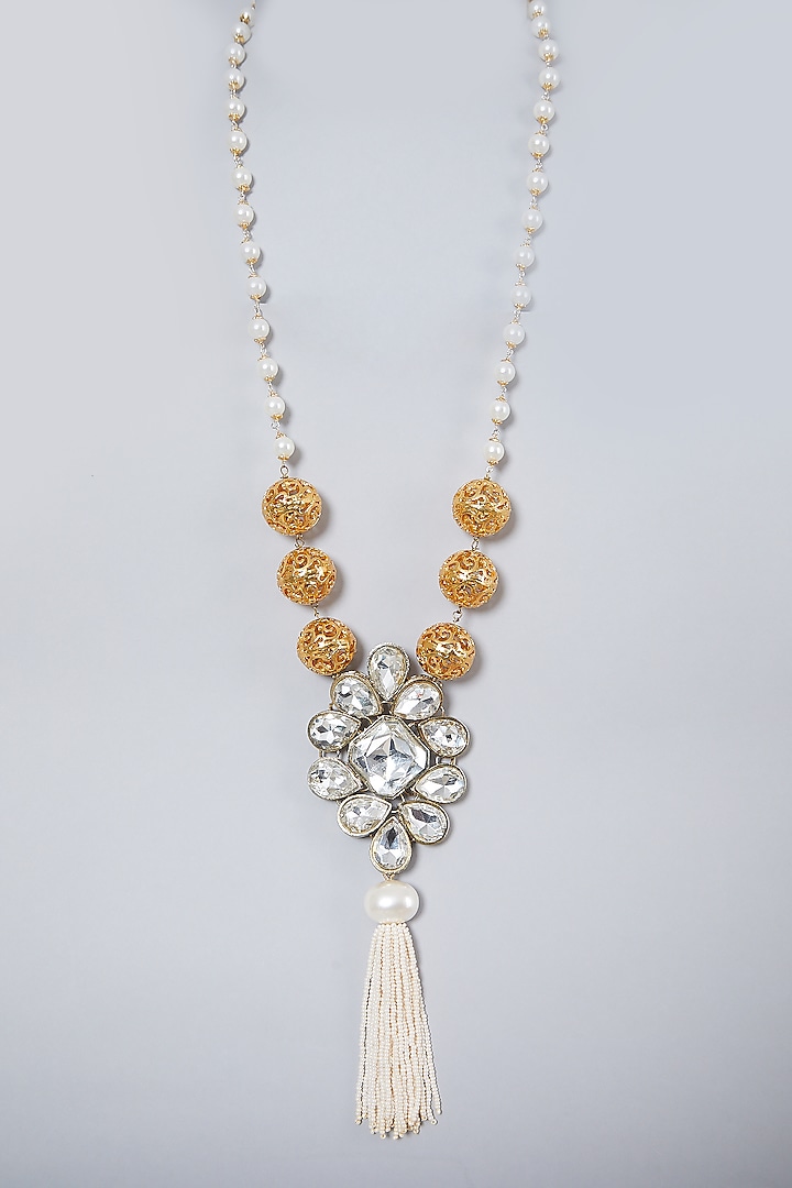 Gold Finish Pearl Long Floral Pendant Necklace  by Ananta Jewellery