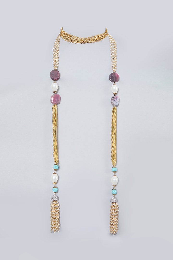 Gold Finish Pink & Turquoise Beaded Multi Layered Necklace  by Ananta Jewellery