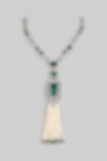 White Rhodium Finish Emerald Semi-Precious Stone Long Necklace by Ananta Jewellery