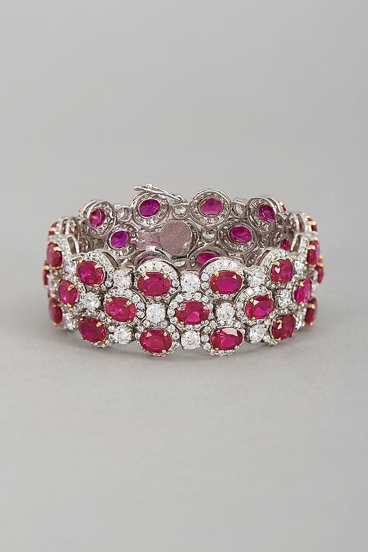 White Rhodium Finish Oval Ruby Semi-Precious Stone Layered Bracelet by Ananta Jewellery