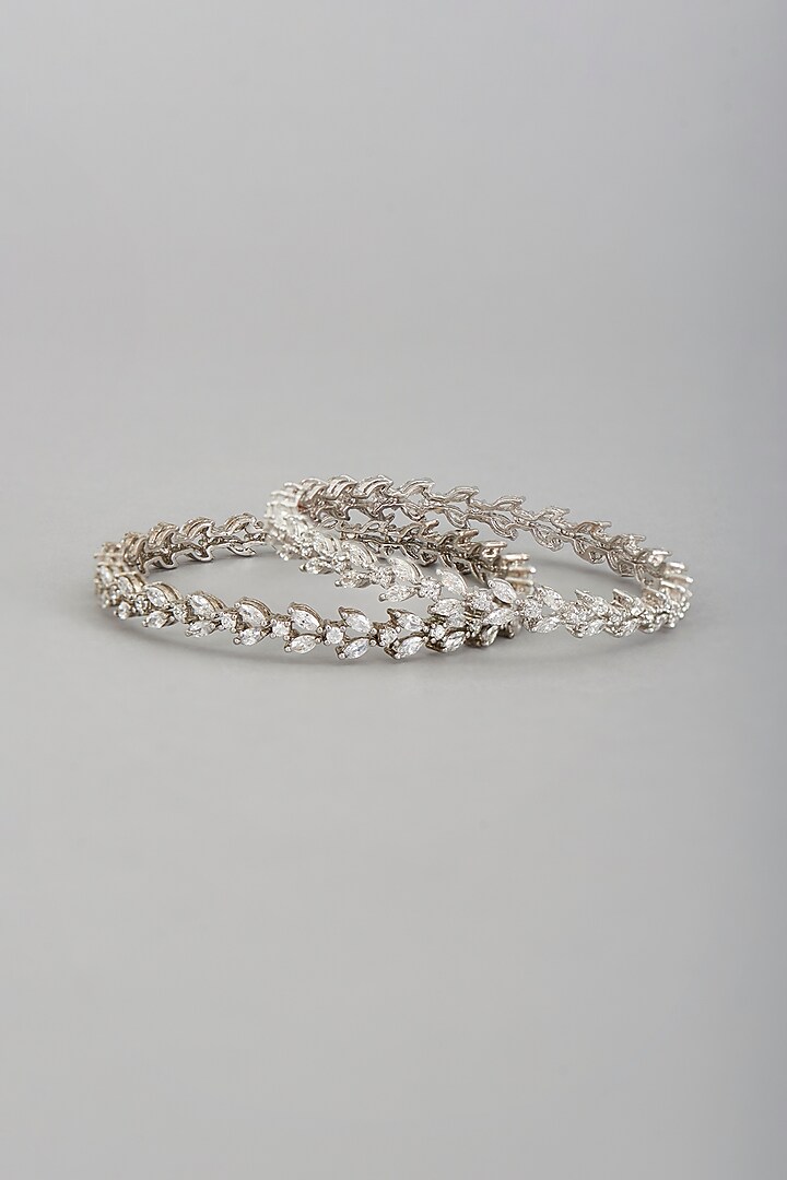 White Rhodium Finish Cubic Zirconia Leaf-Shaped Bangles (Set of 2) by Ananta Jewellery