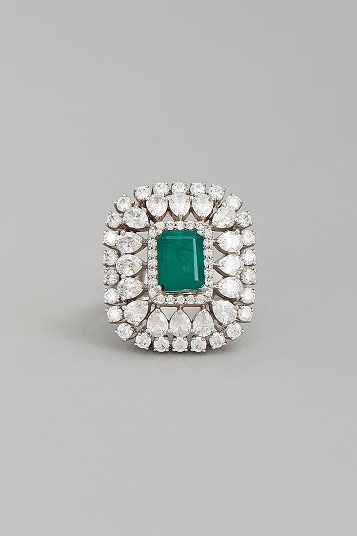 White Rhodium Finish Emerald Semi-Precious Stone Ring by Ananta Jewellery