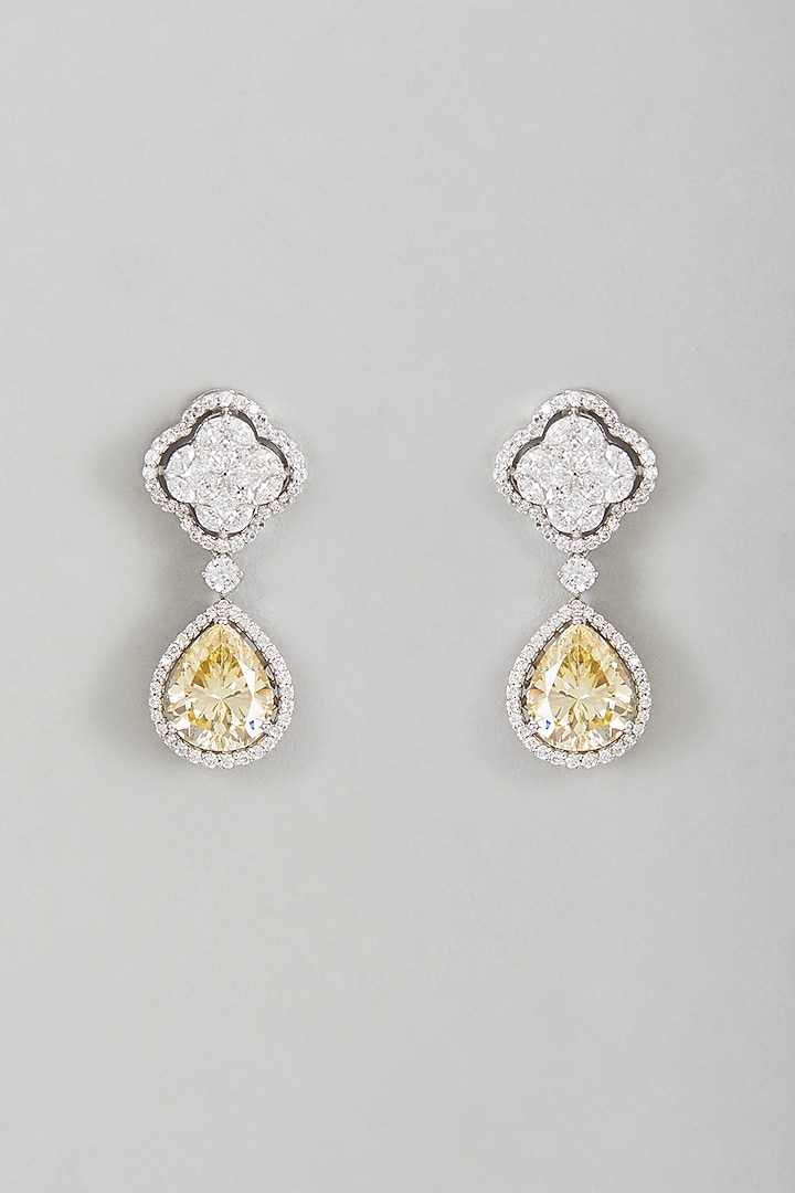 White Rhodium Finish Yellow Citrine Semi-Precious Stone Earrings by Ananta Jewellery