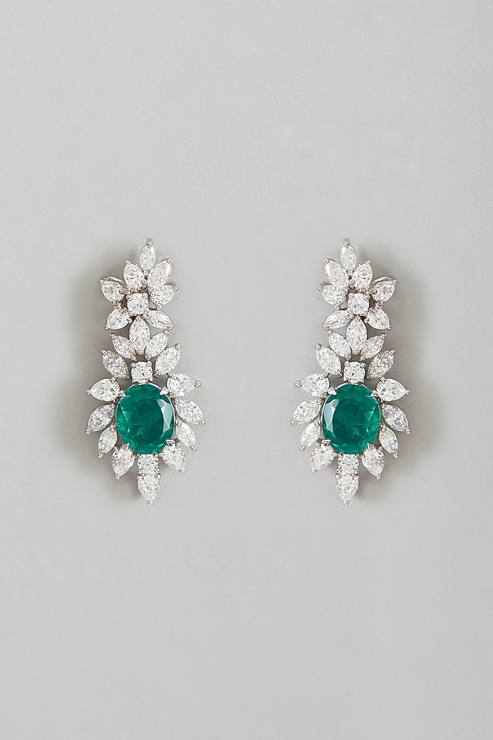 White Rhodium Finish Oval Emerald Semi-Precious Stone Earrings by Ananta Jewellery
