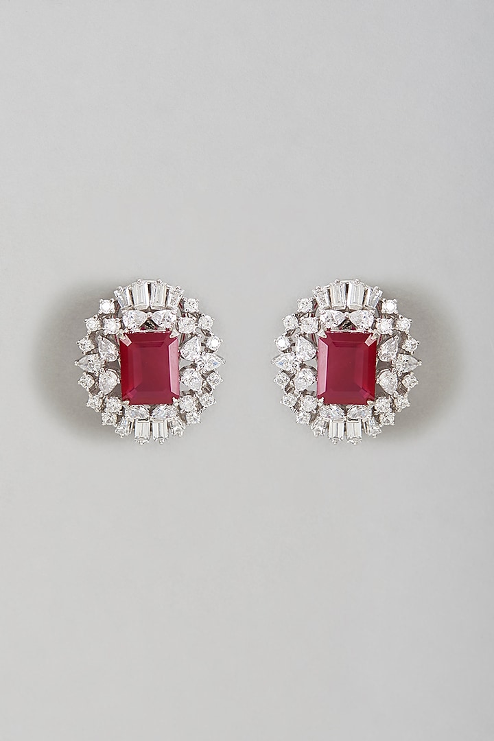 White Rhodium Finish Large Ruby Semi-Precious Stone Earrings by Ananta Jewellery