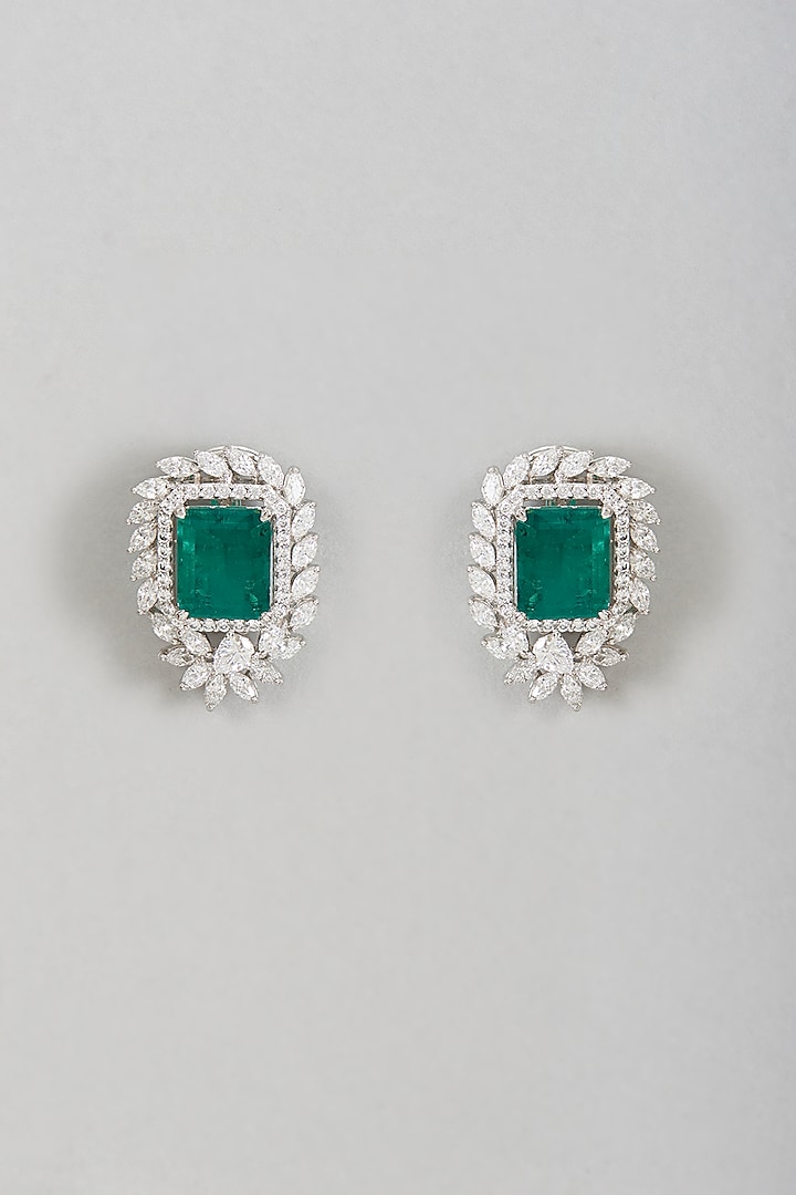 White Rhodium Finish Earrings With An Emerald Semi-Precious Stone by Ananta Jewellery