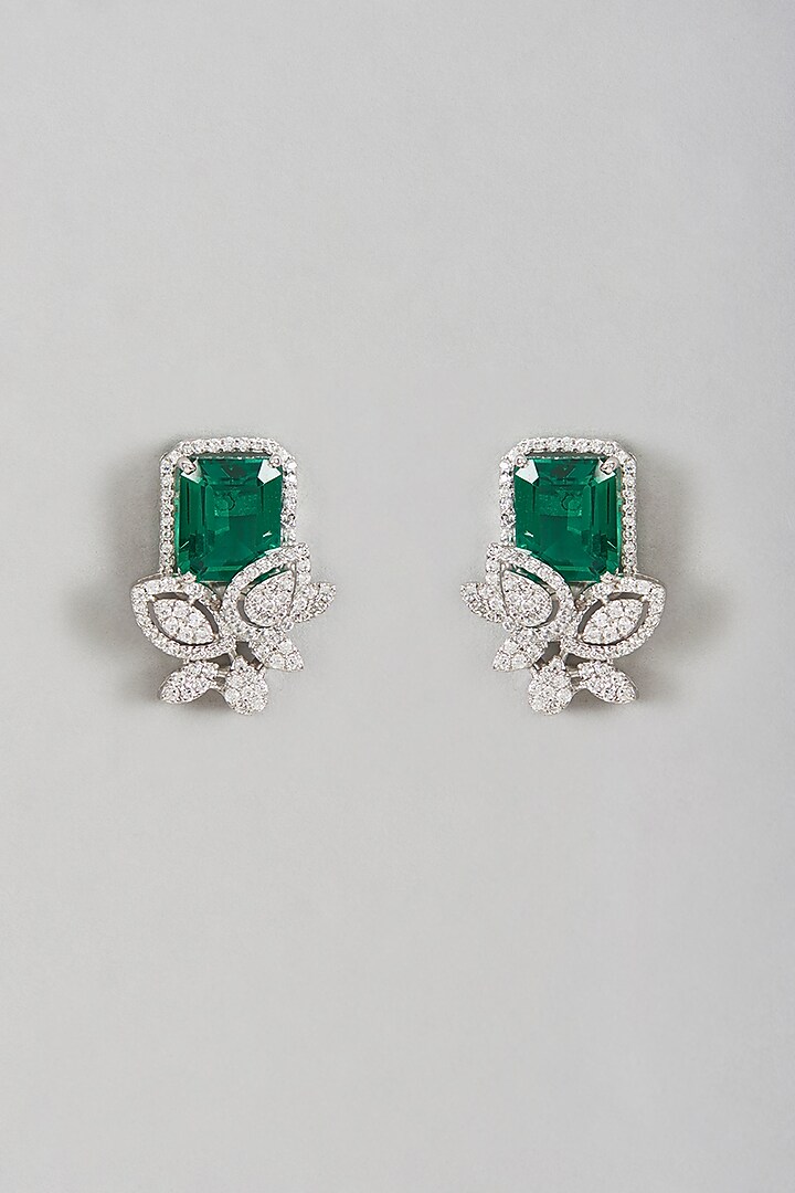 White Rhodium Finish Emerald Semi-Precious Stone Earrings by Ananta Jewellery