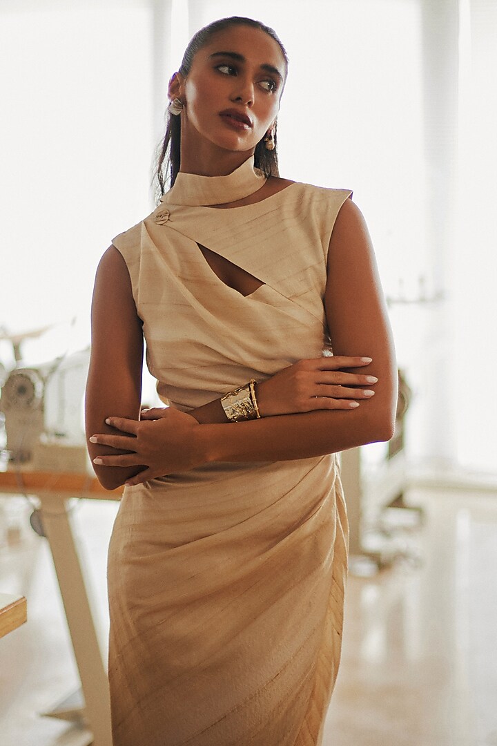 White Tussar Satin Georgette Midi Cocktail Dress by Antithesis at Pernia's Pop Up Shop