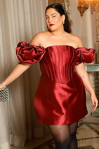 Red Silk Mini Off-Shoulder Dress by Antithesis