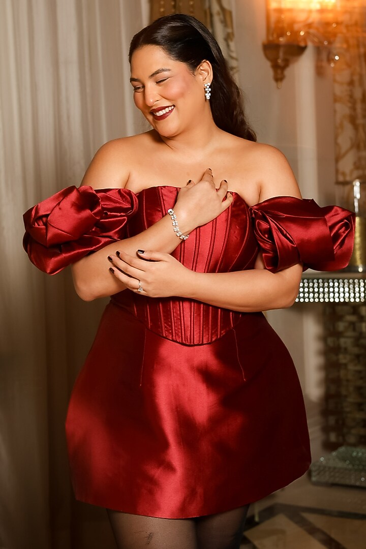 Red Silk Mini Off-Shoulder Cocktail Dress by Antithesis at Pernia's Pop Up Shop