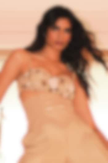 Beige Cotton Twill Bead Embroidered Bralette by Antithesis at Pernia's Pop Up Shop