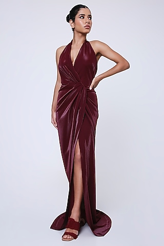 Metallic Maroon Shimmer Lycra Dress by Antithesis