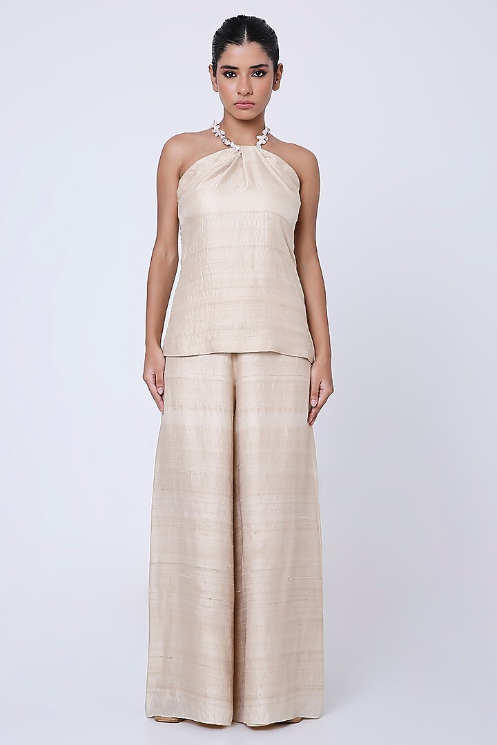 Beige Tussar Satin Georgette Co-Ord Set by Antithesis at Pernia's Pop Up Shop
