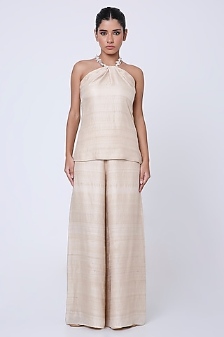 Beige Tussar Satin Georgette Co-Ord Set by Antithesis
