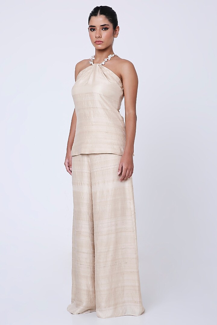 Beige Tussar Satin Georgette Co-Ord Set by Antithesis at Pernia's Pop Up Shop