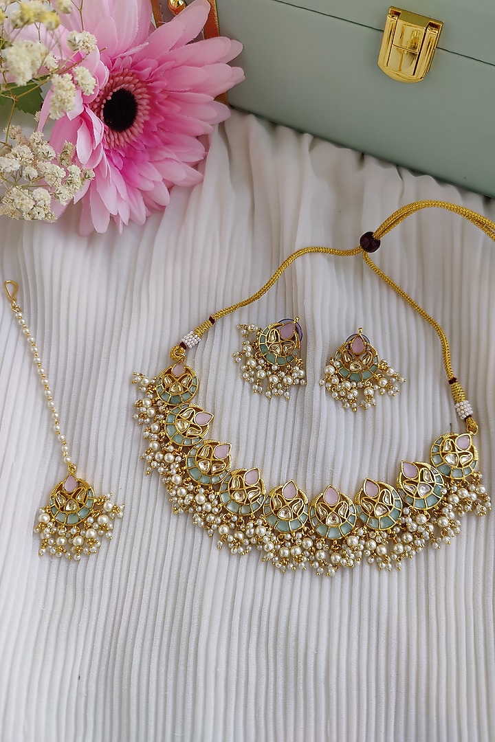 Micro Gold Plated Pachi Kundan & Pearl Necklace Set by Anairaa Jewellery at Pernia's Pop Up Shop