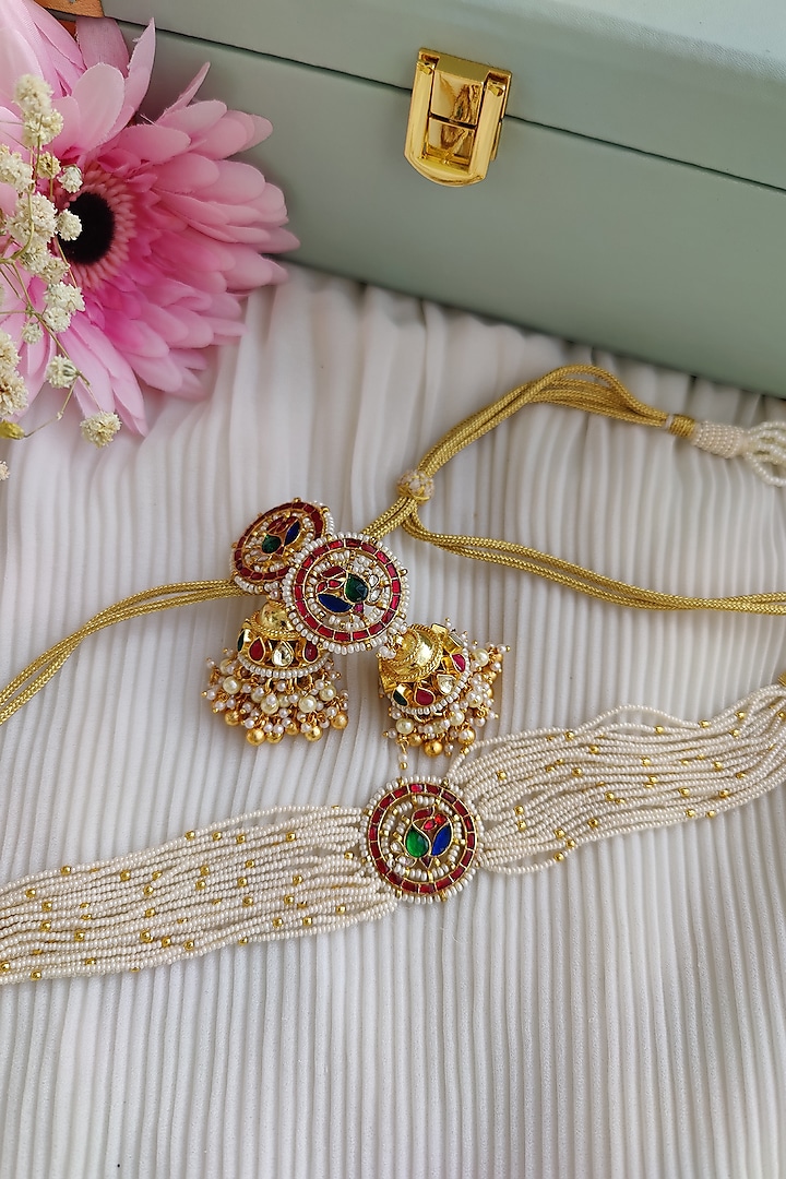 Gold Finish Peacock Choker Necklace Set by Anairaa Jewellery