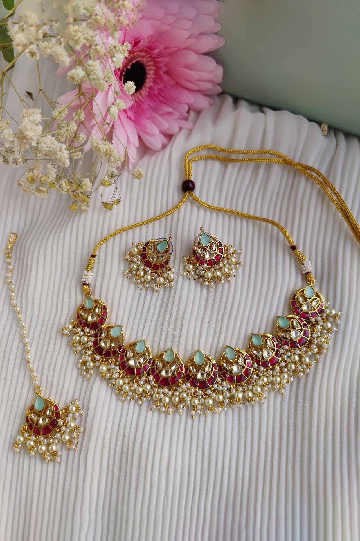 Micro Gold Plated Pachi Kundan Ruby Necklace Set Design by