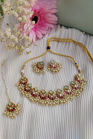 Micro Gold Plated Pachi Kundan & Ruby Necklace Set by Anairaa Jewellery