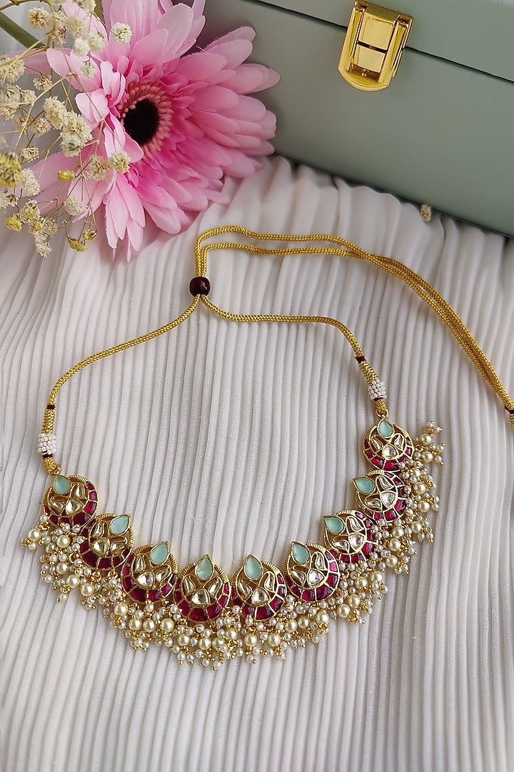 Micro Gold Plated Pachi Kundan & Ruby Necklace Set by Anairaa Jewellery at Pernia's Pop Up Shop