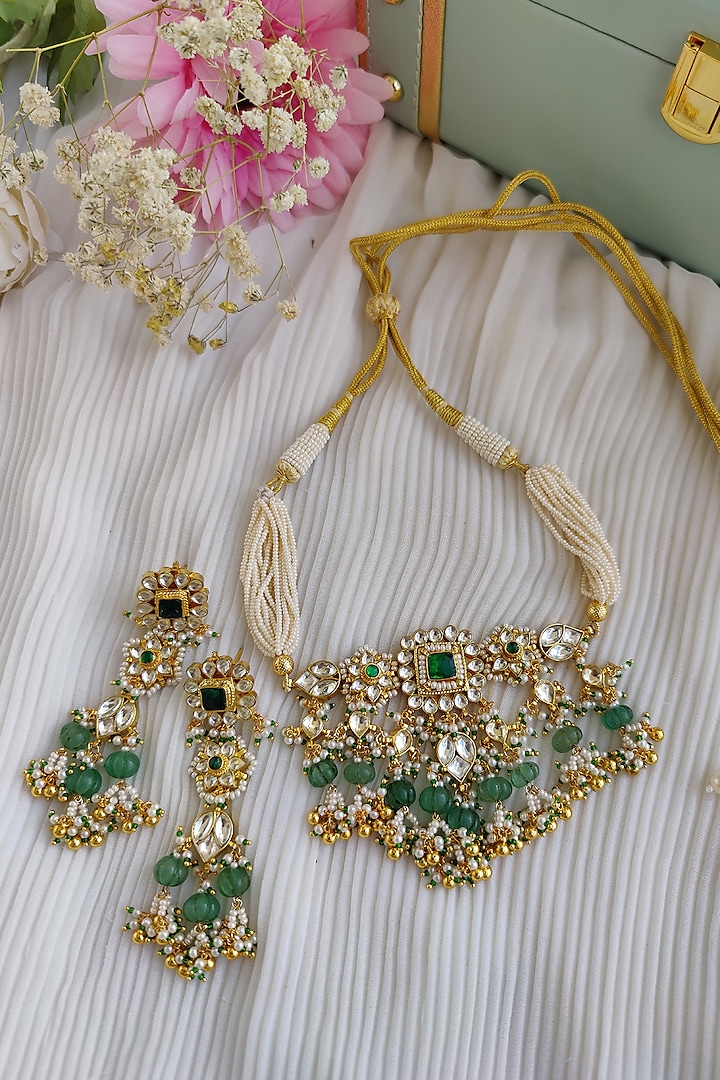 Gold Finish Kundan Polki & Melon Bead Floral Choker Necklace Set by Anairaa Jewellery at Pernia's Pop Up Shop