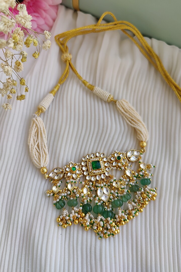 Gold Finish Kundan Polki & Melon Bead Floral Choker Necklace Set by Anairaa Jewellery at Pernia's Pop Up Shop