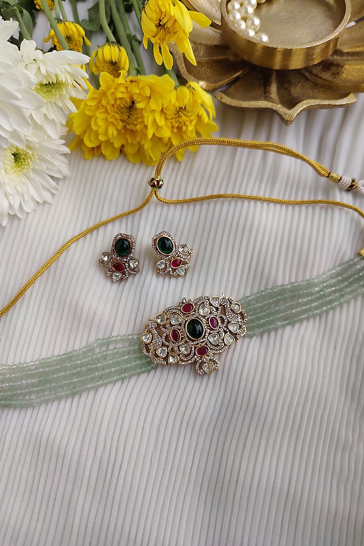 Gold Finish Kundan Polki & Pastel Green Bead Choker Necklace Set by Anairaa Jewellery