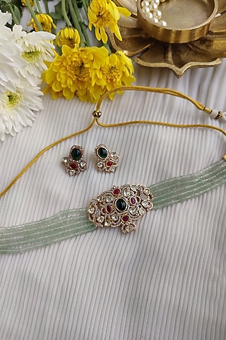 Gold Finish Kundan Polki & Pastel Green Bead Choker Necklace Set by Anairaa Jewellery
