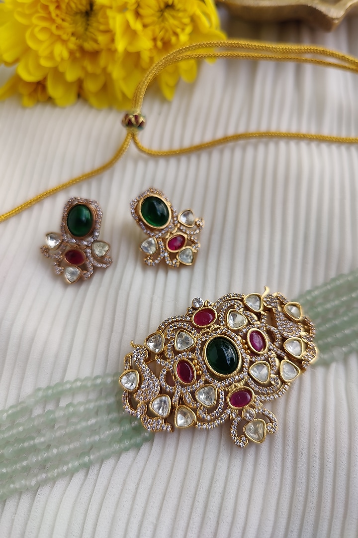 Gold Finish Kundan Polki & Pastel Green Bead Choker Necklace Set by Anairaa Jewellery at Pernia's Pop Up Shop