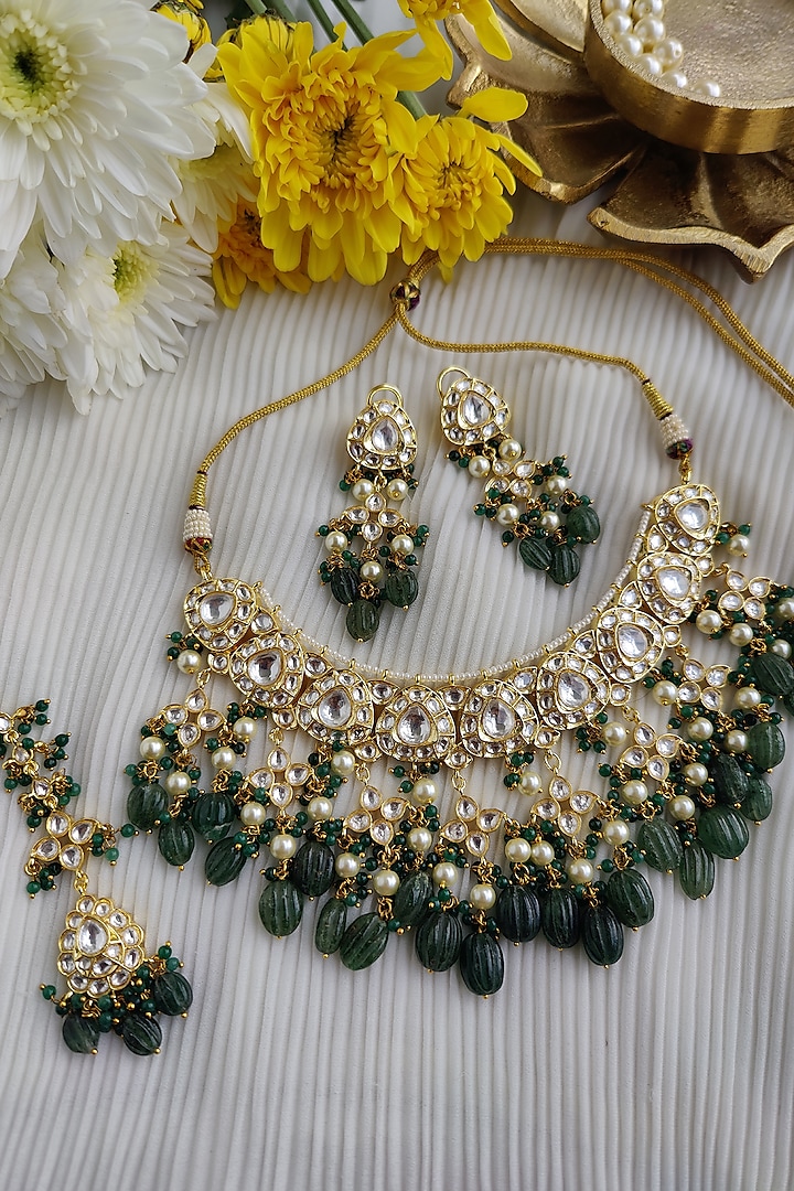 Gold Finish Kundan Polki & Melon Bead Choker Necklace Set by Anairaa Jewellery