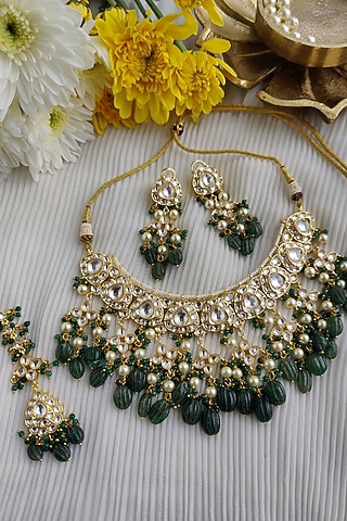 Gold Finish Kundan Polki & Melon Bead Choker Necklace Set by Anairaa Jewellery