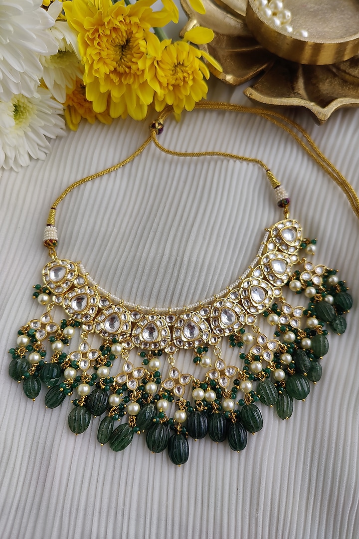 Gold Finish Kundan Polki & Melon Bead Choker Necklace Set by Anairaa Jewellery at Pernia's Pop Up Shop