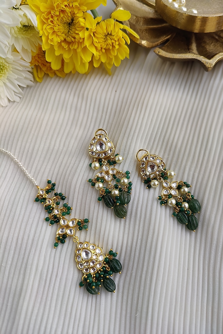 Gold Finish Kundan Polki & Melon Bead Choker Necklace Set by Anairaa Jewellery at Pernia's Pop Up Shop