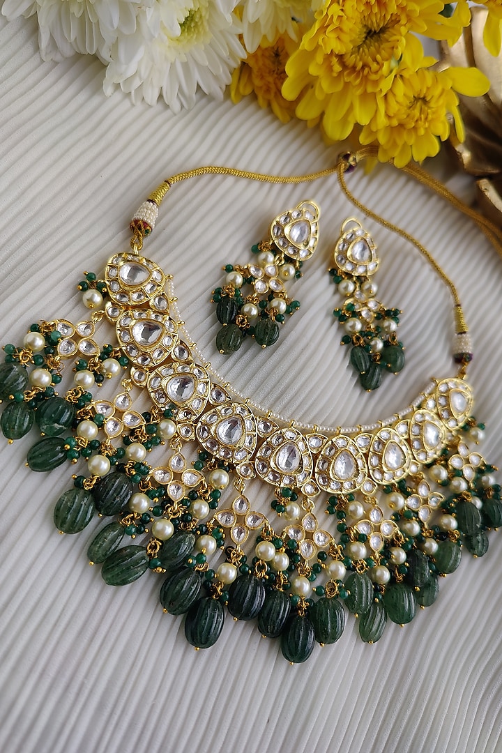 Gold Finish Kundan Polki & Melon Bead Choker Necklace Set by Anairaa Jewellery at Pernia's Pop Up Shop