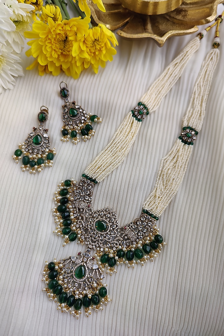 Black Rhodium Finish Kundan Polki & Pearl Long Necklace Set by Anairaa Jewellery