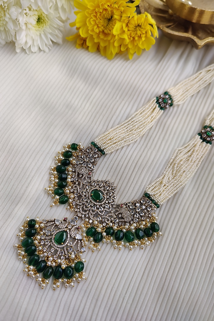 Black Rhodium Finish Kundan Polki & Pearl Long Necklace Set by Anairaa Jewellery at Pernia's Pop Up Shop