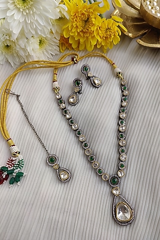 Black Rhodium Finish Kundan Polki & Zirconia Long Necklace Set by Anairaa Jewellery