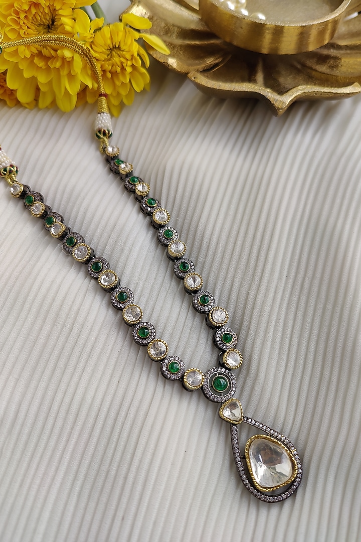 Black Rhodium Finish Kundan Polki & Zirconia Long Necklace Set by Anairaa Jewellery at Pernia's Pop Up Shop